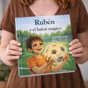 Mujer sosteniendo cuento infantil personalizado