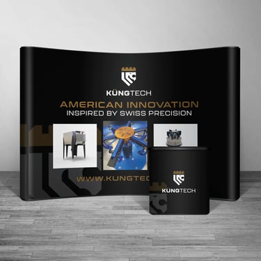 10x10 tradeshow backdrop banner with podium curved banner