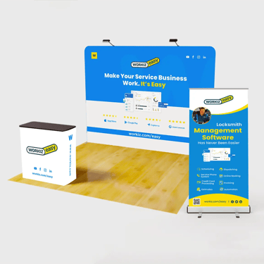 10x10 tradeshow backdrop banner with podium curved banner with roll up banner