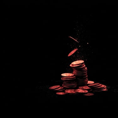 A cluster of metallic coins catching dramatic highlights, contrasting sharply with a pitch-black background