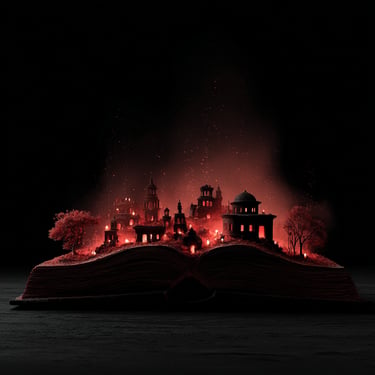 An open book with three-dimensional Mexican ruins magically emerging from its pages, set against a stark black backgroun