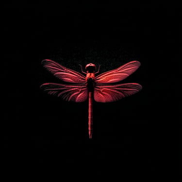 A detailed dragonfly with iridescent, delicate wings, captured in sharp focus against a deep black backdrop.