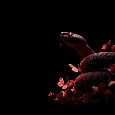 A mythical serpent intertwined with vibrant monarch butterflies, glowing softly against a pitch-black background