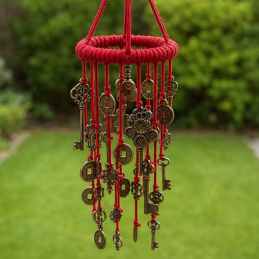 Handmade windchime in red yarn with hanging brass keys and Chinese cash coins, photographed outdoors against a garden