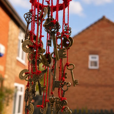 Handmade windchime in red yarn with hanging brass keys and Chinese cash coins, photographed outdoors against a house