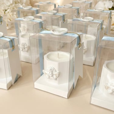 Padėkos dovanėlės krikštynų svečiams – žvakutės su angeliuku skaidrioje dėžutėje