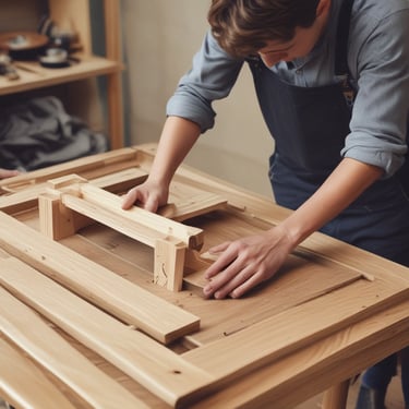 A person is engaged in woodworking, holding a carving tool to shape the surface of a wooden piece. The setting appears to be outdoors, with a tree in the background and a blanket or cloth nearby. The person is focused on their craft.