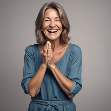 A smiling woman standing in a park, celebrating her fitness achievement with arms raised.