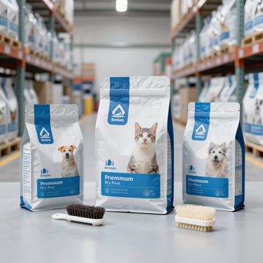 Organized display of premium dry pet food bags and grooming brushes on a clean light gray background with bright daylight.