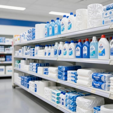 Structured neat arrangement of household daily essentials, cleaning supplies, and paper goods, high-key commercial lighting