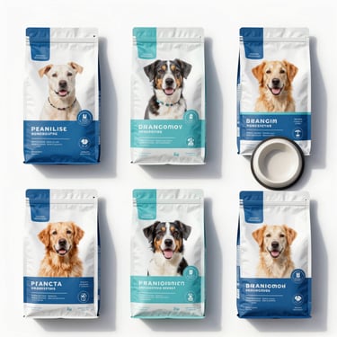 Organized flat-lay of premium pet food bags, clean pet bowls, and accessories, bright daylight, high-contrast clean background