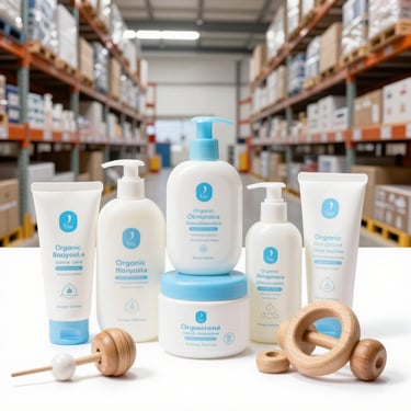 Structured flat-lay of premium baby care products, organic baby lotions, soft wooden toys, clean white background, studio lighting