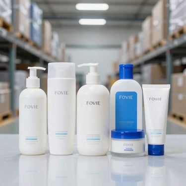 Structured commercial studio shot of luxury toiletries, shampoo bottles, and skincare creams arranged neatly on a clean reflective surface.