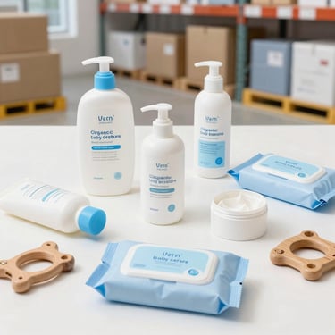Clean flat-lay of essential baby care products including organic lotions, gentle wipes, and wooden toys on a bright white surface.