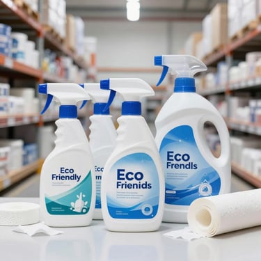 Neat arrangement of daily household essentials like eco-friendly cleaning sprays, laundry detergents, and paper goods in a bright, modern setting.