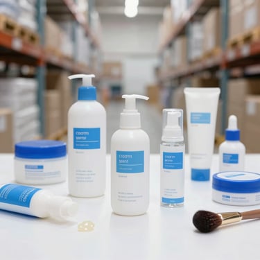 Clean commercial flat-lay of modern skincare bottles, toiletries, and beauty essentials, bright studio lighting, white surface