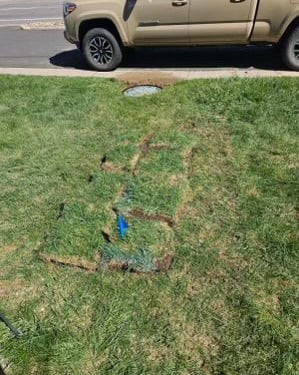 grass with leak marked again after previous failed repair