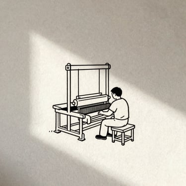 Minimalist black and white editorial cartoon of a worker sitting beside a silent mechanical loom, soft natural light, clean ink lines.