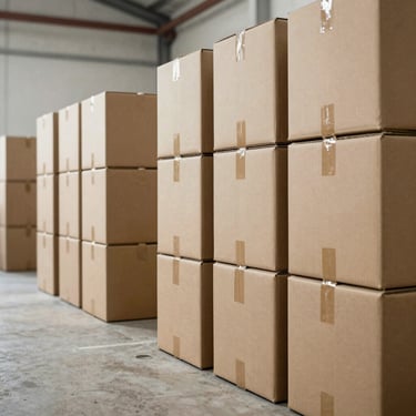 Stark high-contrast black and white ink illustration of a massive empty factory floor, towering cardboard packaging boxes stacked high, minimalist composition.
