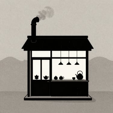 Minimalist stark black and white ink illustration of a quiet tea shop, a lone steam pipe overhead, soft natural overcast daylight through a window, editorial film grain style.