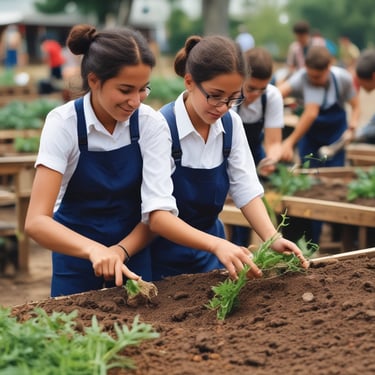 Escuelas taller: dos chicas aprendiendo el oficio de agricultura.