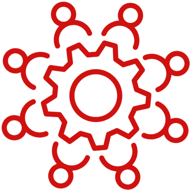 Red outline icon of a gear surrounded by people, symbolizing cultural knowledge and collaboration.