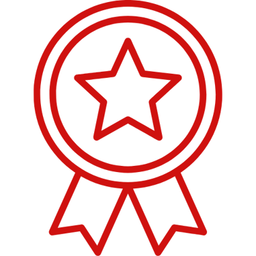 Red outline icon of a ribbon with a star in the center, representing experience and achievement.