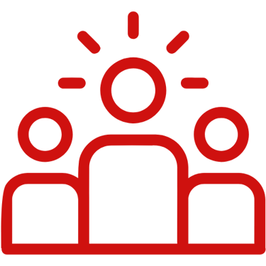 Red outline icon of three people with rays around the central figure representing leadership.