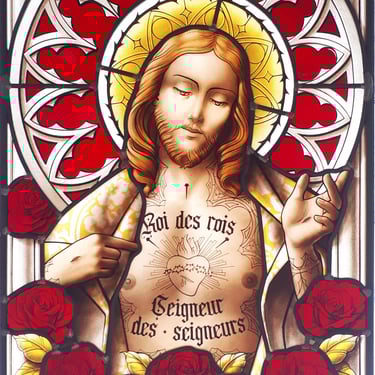 Vitrail, peinture sur verre, jesus, gothique, tatouage, fleur, visage 19ème, art, artisanat, verre