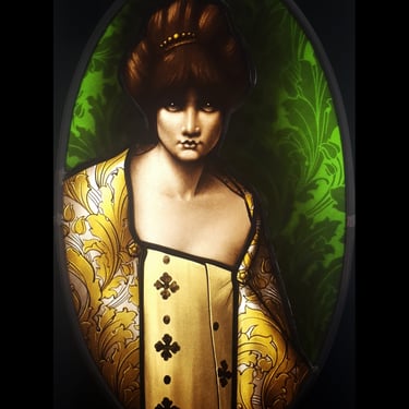 Vitrail, peinture sur verre, portrait, damassé, jaune d'argent, femme, motif, art, artisanat