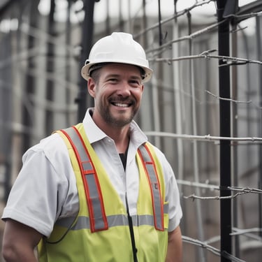 A person wearing a red hard hat and red protective workwear can be seen from behind. The helmet has a 'Safety First' sticker, emphasizing workplace safety. The person appears to be outdoors, and there is a green, blurred background, suggesting a construction or industrial setting.