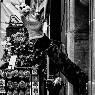 A rabbit glove puppet appears from a close on The High Street, Edinburgh