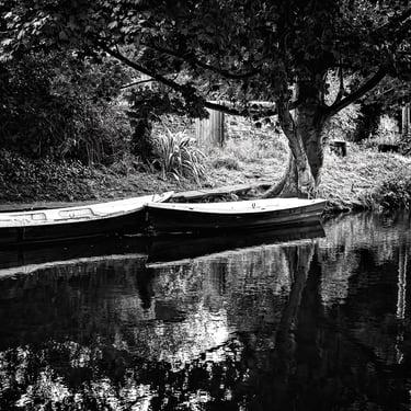 Two small rowing boat, tied up on the Union Canal at Harrison Park, Edinburgh