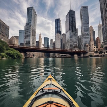 A kayak glides across a calm lake surrounded by lush green forests under a bright blue sky with scattered white clouds. The perspective from the bow of the kayak gives a sense of exploration and adventure.