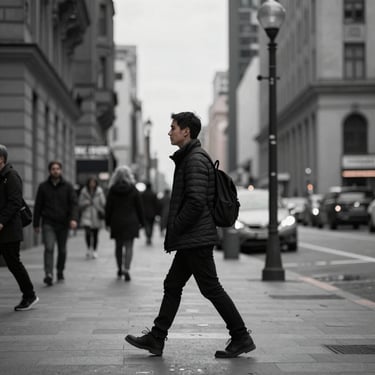 A group of people walking on a wet city street lined with historical architecture featuring arched windows and columns. Some are wearing casual jackets, and the scene suggests a typical urban day with a mix of trees and buildings in the background.