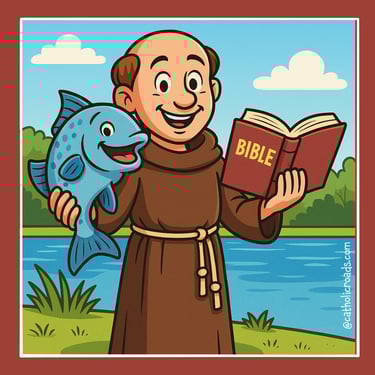 St. Anthony smiles by a lake, holding a joyful fish and the Bible — a bright cartoon of faith and fu