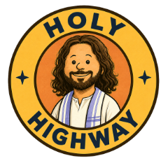 Cartoon logo depicting Jesus as the center of attention on the Holy Highway
