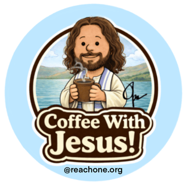 Cartoon logo of Jesus sipping coffee beside the Sea of Galilee inviting us to have Coffee With Jesus