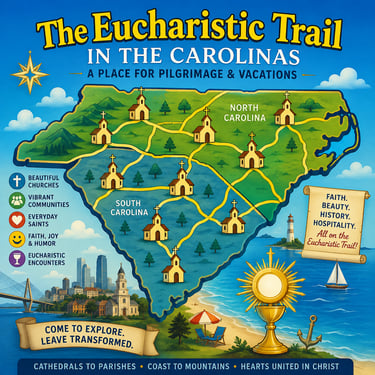 Cartoon style map of a trail across the Carolinas where the Holy Eucharist is consecrated.