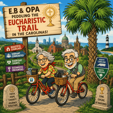 Full color cartoon of two old people peddling in the Carolinas.