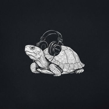 Minimalist hand-drawn ink illustration of a patient turtle wearing director headphones, clean white lines on deep charcoal background, negative space.