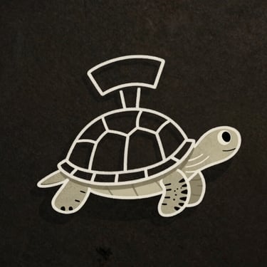 A minimalist, hand-drawn cartoon turtle illustration wearing a director's cap, simple white ink lines on a dark charcoal background, whimsical and warm.