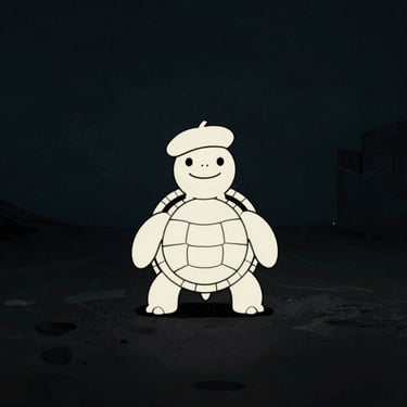 Minimalist hand-drawn ink illustration of a quirky, smiling cartoon turtle wearing a director's beret, clean white lines on deep charcoal background, negative space, cinematic feel.
