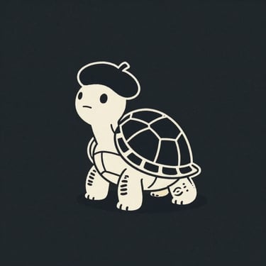 Minimalist hand-drawn ink illustration of a charmingly quirky cartoon turtle wearing a director's beret, clean white lines on a deep charcoal background, whimsical and warm