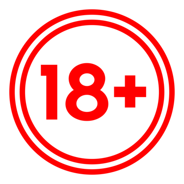 a red age rating sign with number eighteenth plus