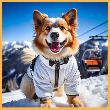 Hund der die Verkörperung von Glück und Freude ist, in einem Skianzug gekleidet steht auf einem hang