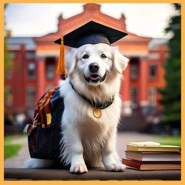 Studentenhund mit Studentenmütze und Schultasche auf dem Rücken steht vor der Universität