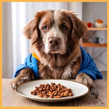 Foto eines als Mensch verkleideten Hundes der an einem Tisch sitzt und auf dessen Teller Futter