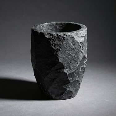 A hand-carved monolithic vessel made of honed dark slate, its raw chiseled texture illuminated by a sharp directional light beam, deep shadows.