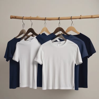 Several T-shirts hang vertically, featuring different colors including black, white, navy blue, and beige. The T-shirts are displayed side by side, showcasing their short sleeves and simple fabric texture.